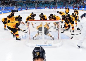 GANGNEUNG, SOUTH KOREA - FEBRUARY 23: Team Germany huddles before taking on Team Canada during semifinal round action at the PyeongChang 2018 Olympic Winter Games. (Photo by Matt Zambonin/HHOF-IIHF Images)

