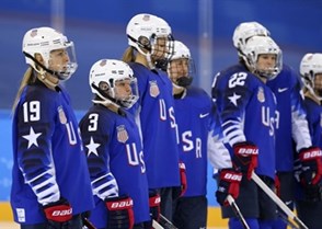 GANGNEUNG, SOUTH KOREA - FEBRUARY 13: USA's Gigi Marvin #19, Cayla Barnes #3 and teammates look on prior to preliminary round action against the Olympic Athletes of Russia at the PyeongChang 2018 Olympic Winter Games. (Photo by Andre Ringuette/HHOF-IIHF Images)

