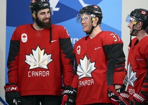 GANGNEUNG, SOUTH KOREA - FEBRUARY 18: Canada's Eric O'Dell #22, Mat Roninson #37 and Brandon Kozun #15 are all smiles prior to preliminary round action against Korea at the PyeongChang 2018 Olympic Winter Games. (Photo by Andre Ringuette/HHOF-IIHF Images)

