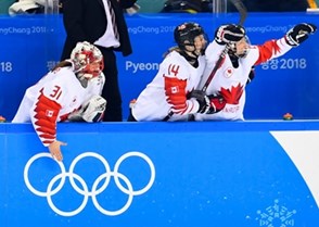 GANGNEUNG, SOUTH KOREA - FEBRUARY 19: Team Canada celebrates after scoring a first period goal on Team Olympic Athletes from Russia during semifinal round action at the PyeongChang 2018 Olympic Winter Games. (Photo by Matt Zambonin/HHOF-IIHF Images)

