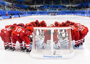 GANGNEUNG, SOUTH KOREA - FEBRUARY 21: Team Olympic Athletes from Russia huddles before taking on Team Finland during bronze medal round action at the PyeongChang 2018 Olympic Winter Games. (Photo by Matt Zambonin/HHOF-IIHF Images)

